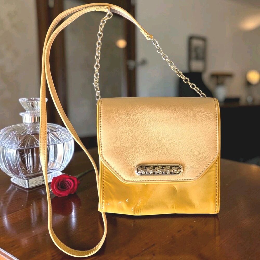 Brighton Chain Detail Crossbody Bag Patent Leather Cream Gold 6" x 6"